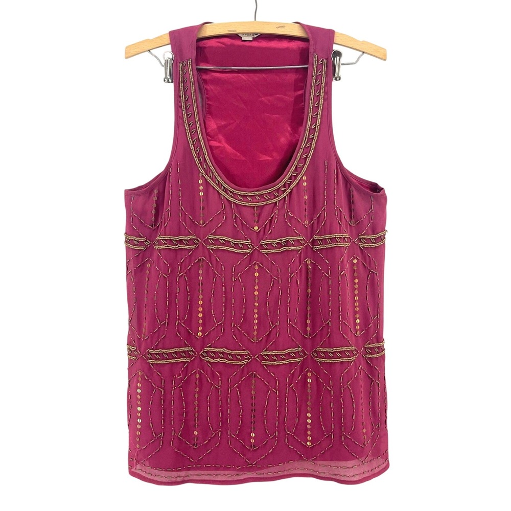 Y2K‎ Fossil Beaded Tank Top Womens M Berry Pink Sequin Lined Boho Glam Gatsby